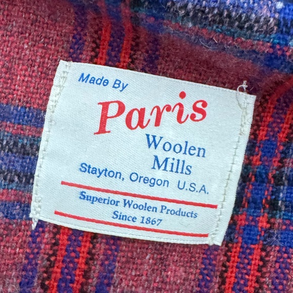 Vintage Paris Woolen Mills Oregon Plaid Fringe Scarf in Red and Blue - Picture 3 of 4
